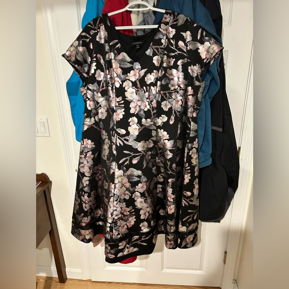 Lane Bryant 26/28 Black, metallic floral scuba fit and flare dress